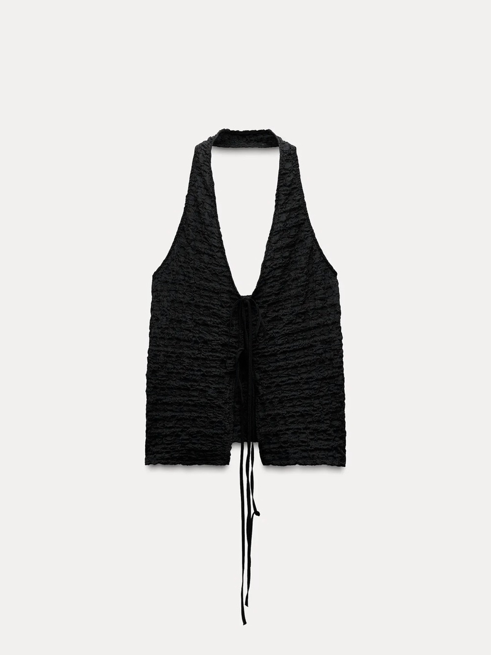 Zara Black Textured Halter Tie-Front Tank